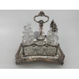Silver plated condiment holder (one vacant glass vase) together with four oval plated trays