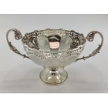 Stirling silver table centre bowl with pierced rim scrolling handles and circular foot ,37x23 x21cm,