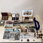 A mixed lot of postcards, coins, watches scales etc and a sterling silver key wind pocket watch,