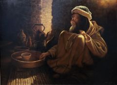 FUERTES (XX), oil on canvas, A sitting, a Middle Eastern Gentleman with beads and pot, 44 x 59cm, in