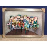 J Ray Baz, oil on canvas of comical and colourful ladies on bicycles, in a silver frame