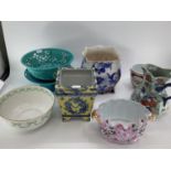 A quantity of decorative bowls, and planters, including a Thomas Goode Cache pot, a large