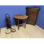 A quantity of furniture to include a folding cake stand, a pair of needlepoint stools, an oak corner