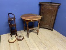 A quantity of furniture to include a folding cake stand, a pair of needlepoint stools, an oak corner