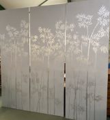 3 Impressive De Gournay ex display panels, metallic silk ground wallpaper mounted, the pattern in