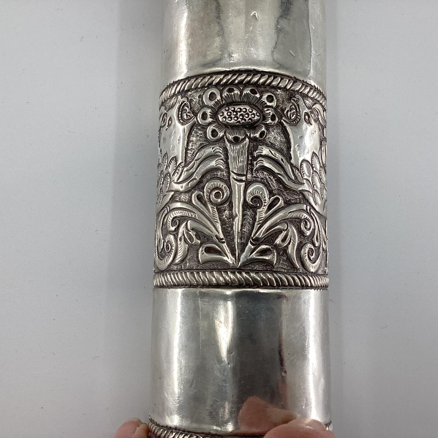 A Middle Eastern style white metal prayer scroll with raised flora and fauna decoration, 30cm, - Image 6 of 12