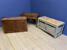 A Butlers tray style side table, a cupboard and a modern rush seated 2 drawer stool