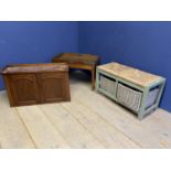 A Butlers tray style side table, a cupboard and a modern rush seated 2 drawer stool