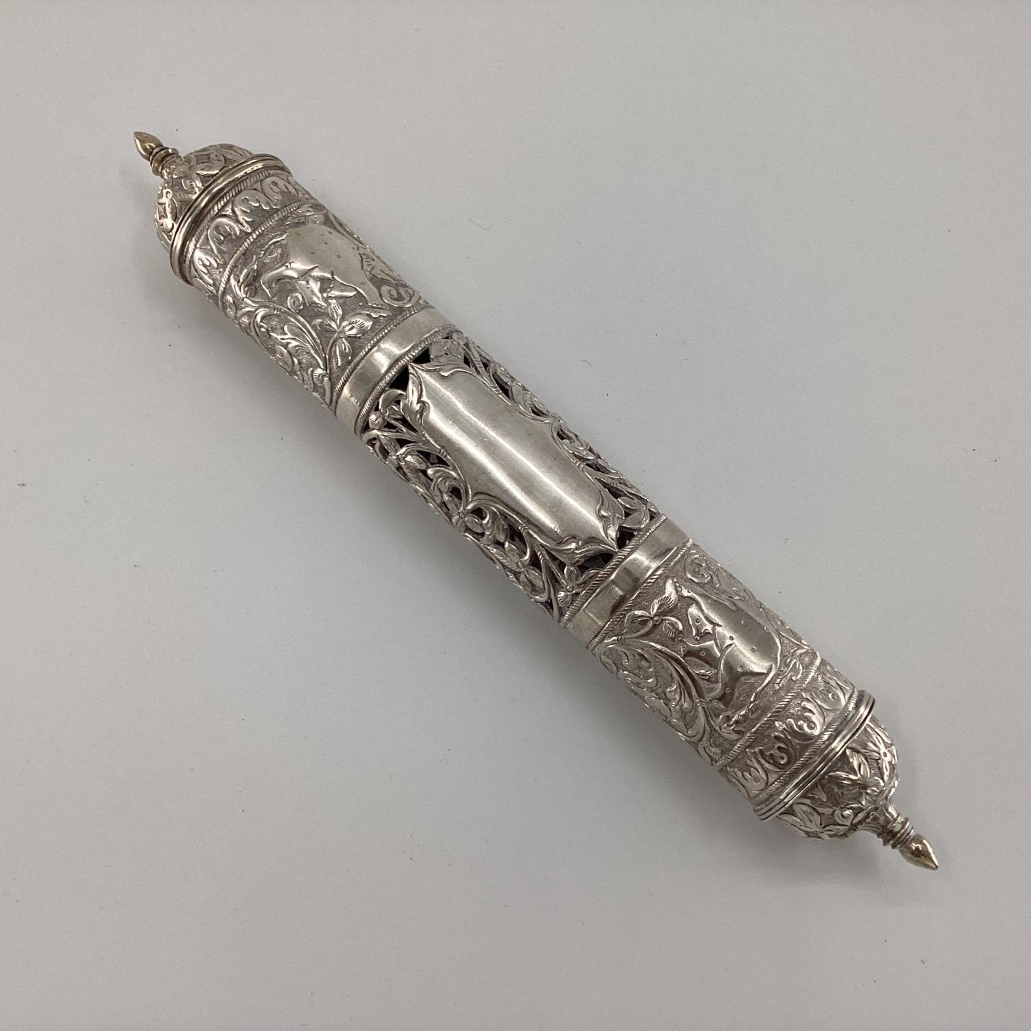 Silver Middle Eastern style Prayer Scroll with pierced and raised floral decoration stamped 900,