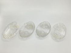 Four frosted glass Lalique style dishes with leaf and flower design unsigned 24.5 x 15cm