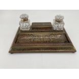 A good C19th Boulle work desk tidy with glass inkwells (some chips to glass and wear)