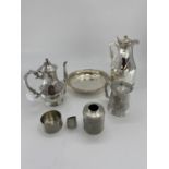 A collection of silver plated and pewter items to include a thermos water jug and oval bowl and a