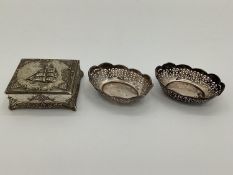 Pair of Sterling silver oval pierced dishes and salts and a white metal trinket box