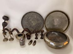 A quantity of Middle Eastern and South Asian brass and engraved metalware's to include bowls, trays,