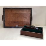Mahogany cutlery tray, with brass handle, and a two handled tray (some wear)