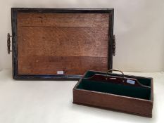 Mahogany cutlery tray, with brass handle, and a two handled tray (some wear)