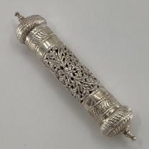 An unmarked white metal Middle Eastern style Prayer Scroll with pierced decoration, 24cm, 197g