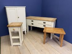 Four drawer side table, with grey painted base and honey coloured oak top, and other modern