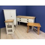 Four drawer side table, with grey painted base and honey coloured oak top, and other modern