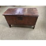 A small part C17th oak coffer with rising lid, with 1671 date carved to front, 77cmW x 33cmD x 48cmH