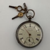 Sterling silver cased pocket railway watch by Johnson of Preston, key wind movement with white