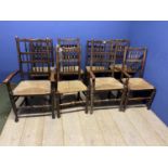 Eight ladder back, rush seated country chairs, (6 +2); some wear to the rush seats