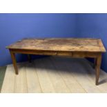 French provincial fruit wood plank top table, with two set drawers, 198cm L x 77cmW x 75cmH