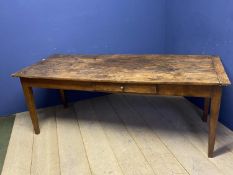 French provincial fruit wood plank top table, with two set drawers, 198cm L x 77cmW x 75cmH