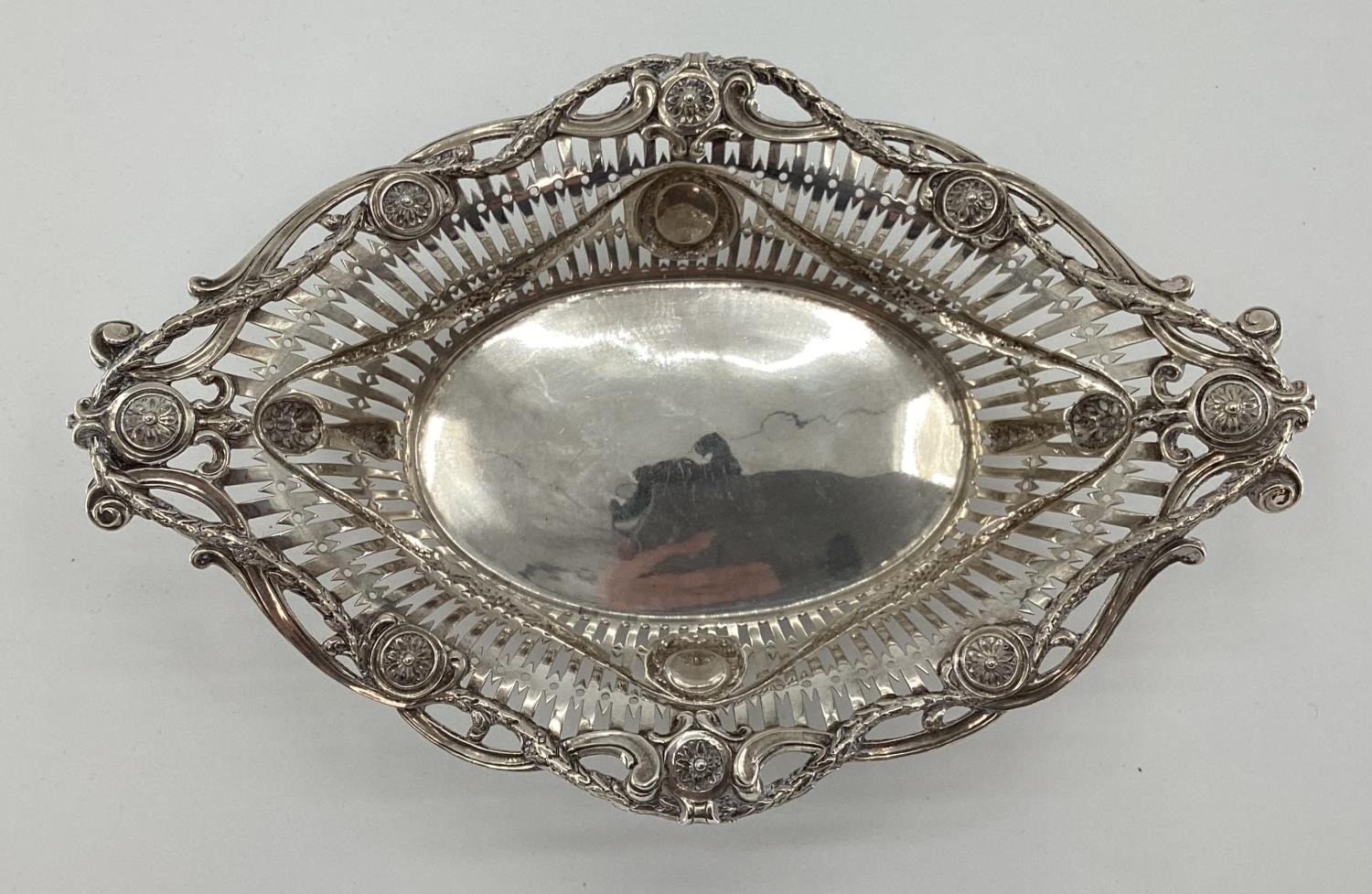 Stirling silver pierced bowl of boat shape design, London, 1900, approx 360grams - Image 3 of 5