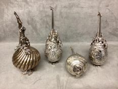 One Turkish Silver Damar 900 and three Unmarked white metal rose water dispensers with cast floral