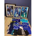 3 framed pictures of Chelsea Football Club, and a quantity of Chelsea Football Club clothing