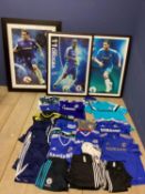 3 framed pictures of Chelsea Football Club, and a quantity of Chelsea Football Club clothing