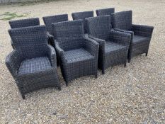 A good set of 8 wicker effect brown garden arm chairs, some minor wear to some legs where the