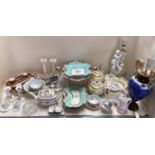Quantity of ceramics items to include 3 pieces of Belleek, a large gilt comport and matching side