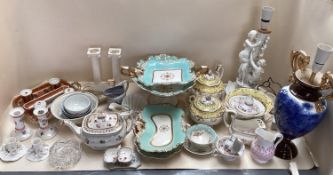 Quantity of ceramics items to include 3 pieces of Belleek, a large gilt comport and matching side
