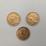 Three Swiss helvetia 20 franc gold coins, 19.4grams