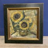 Oil on Board of sunflowers, initialed and dated lower right. Note verso, "Painted by Mrs