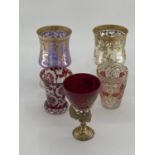 A pair of Moser style gilt goblet, and a some Bohemian style flash cut glass items