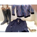 Pair of black leather riding boots with trees, a ladies navy hunting coat by Golding of Newmarket,