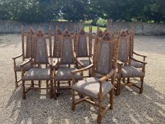 Very good set of ten oak high back Arts and Crafts style dining chairs, upholstered back and seat in