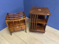 Edwardian mahogany string inlaid revolving table top bookcase and a mahogany Canterbury, both in