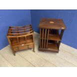 Edwardian mahogany string inlaid revolving table top bookcase and a mahogany Canterbury, both in