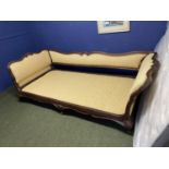 An Edwardian Show-frame day bed, upholstered in gold colour fabric, with a modern bespoke - made
