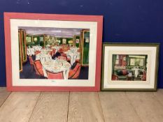 R Bamble, painting of the interior of La Gavroche restaurant, in a pink and glazed frame,