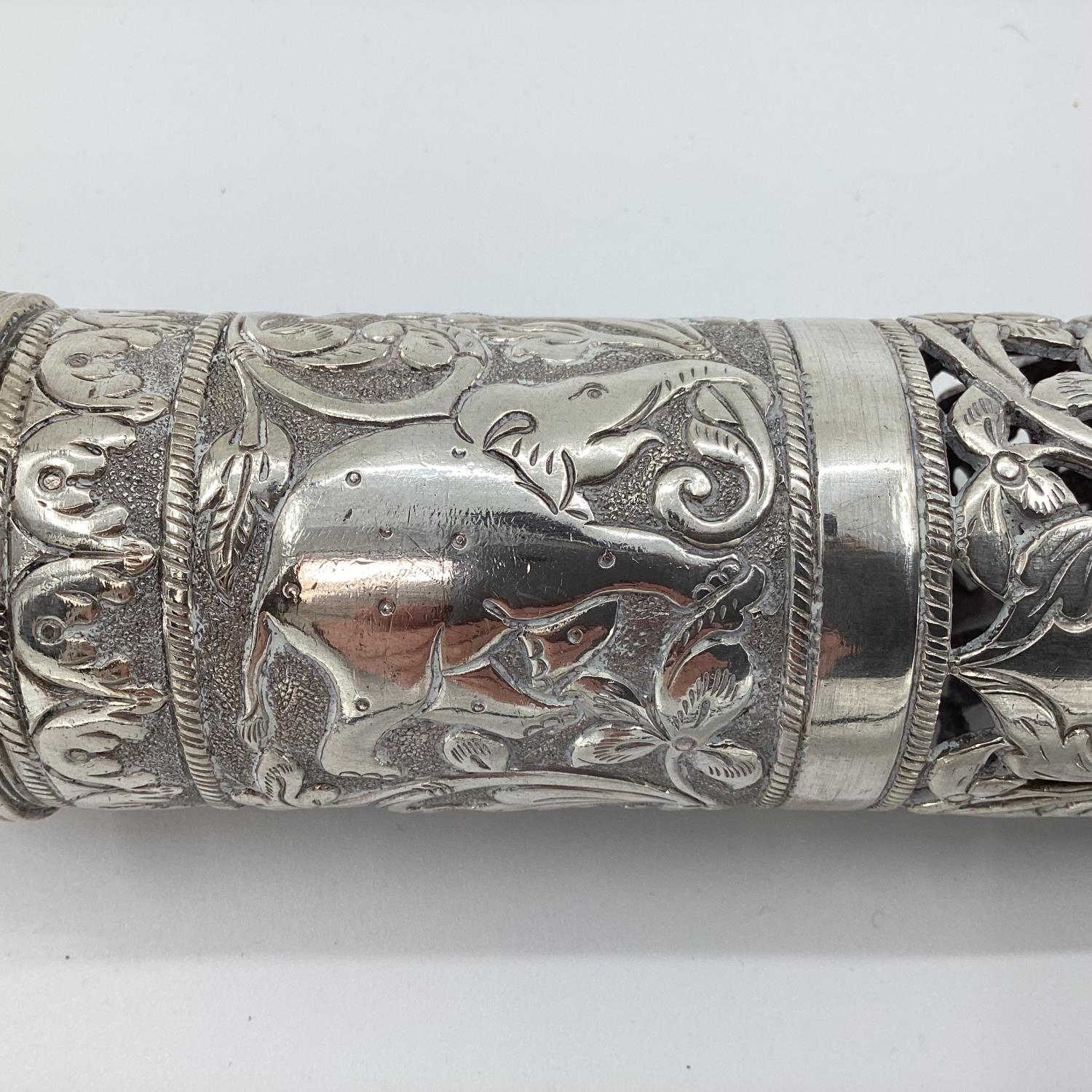 Silver Middle Eastern style Prayer Scroll with pierced and raised floral decoration stamped 900, - Image 5 of 12