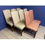 Harlequin set of 8 upholstered dining chairs, one in need of re-upholstery, and the others in used