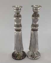 Pair of sterling silver candlesticks with sectional reeded design, stamped Lalaounis, Greece, 925
