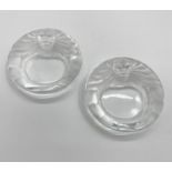 A pair of Lalique frosted glass lion dishes no 10743 etched to base Lalique France, 14.5 cm (d)