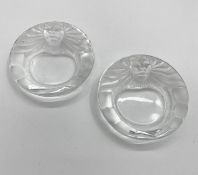 A pair of Lalique frosted glass lion dishes no 10743 etched to base Lalique France, 14.5 cm (d)