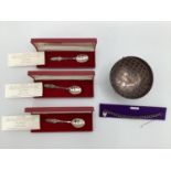 Collection of sterling silver items to include Rose bowl, 3 boxed Jubilee spoons, and a sterling